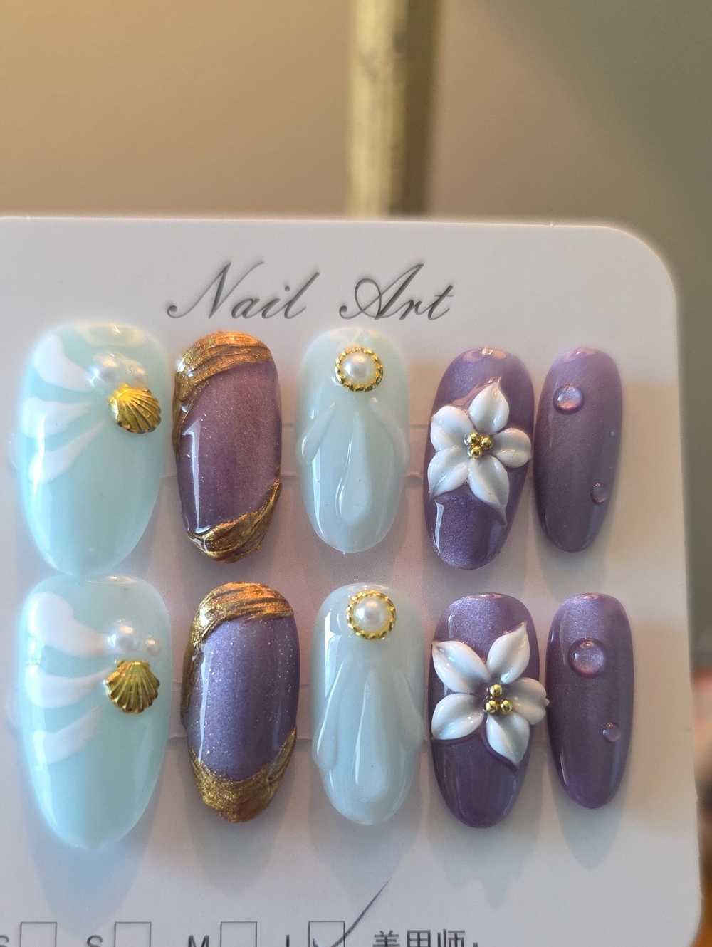 Handcrafted Purple & Light Blue Floral Press-On Nails Size Large